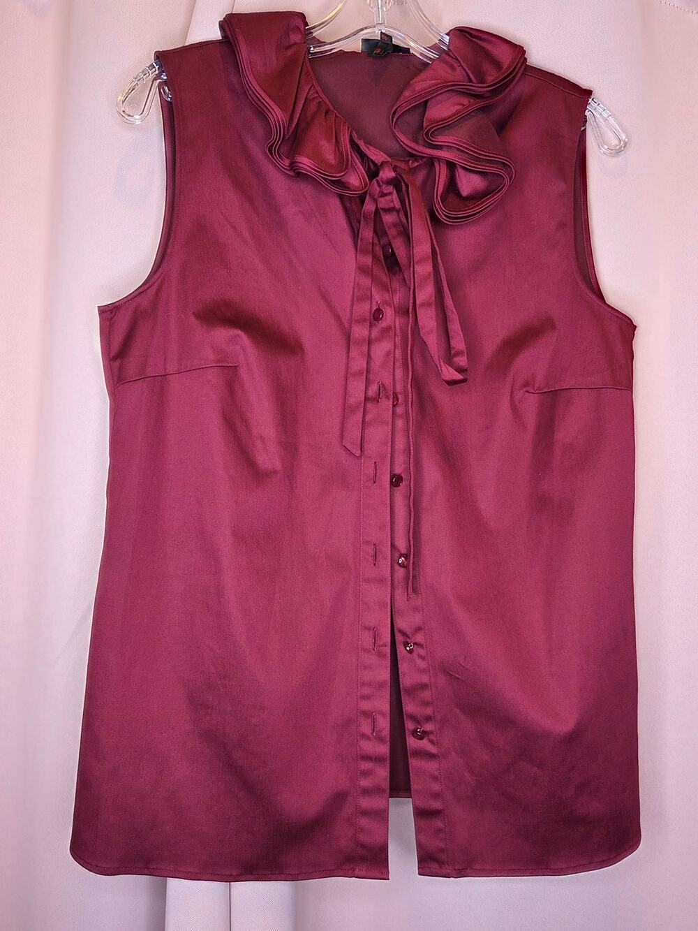 Escada Sleeveless Silk Satin Ruffle Collar Bow Blouse in Burgundy-L